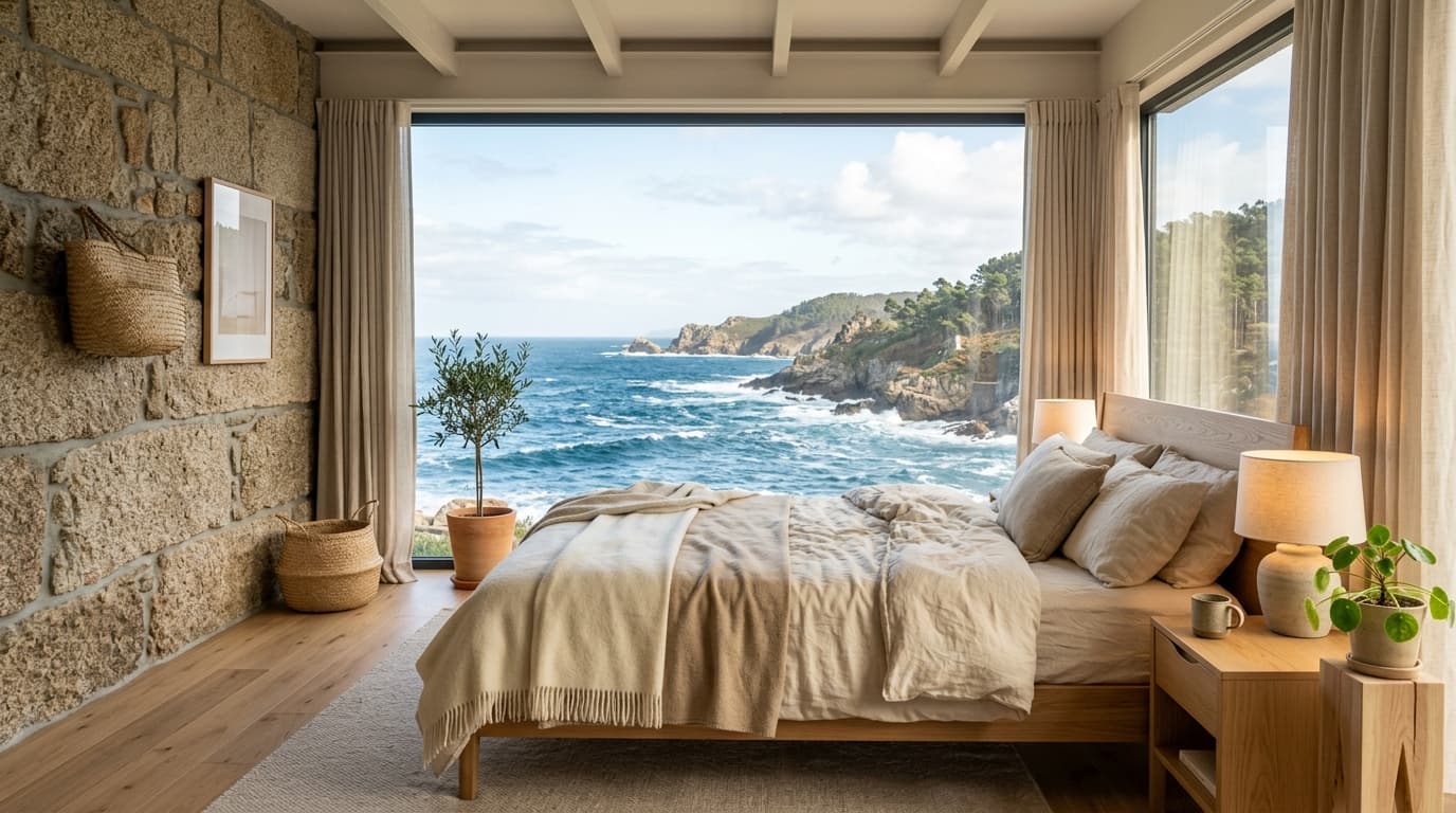 Dormitorio principal con cama doble y decoración cálida